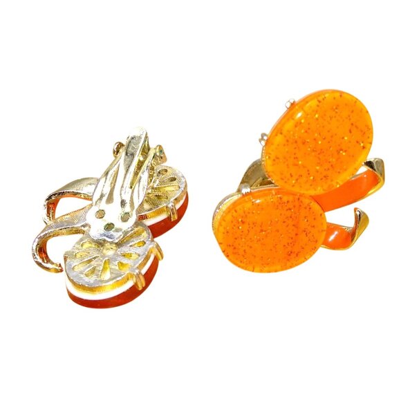 Mod Orange Glitter Lucite Earrings, Unique Sparkle Vintage Clip Ons - Picture 3 of 3